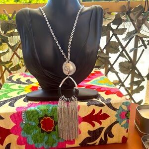 Vintage circa 1990s Silver-tone faux leather tribal pendant Statement 36”